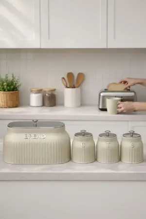 Akayev Retro Lux Line Metal Bread Box and 3-Piece Storage Container Set, Cream - Akayev