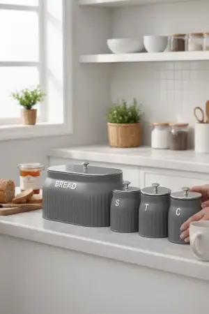 Akayev Retro Lux Line Metal Bread Box and 3-Piece Storage Container Set, Grey - Akayev