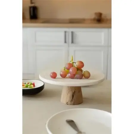 Akayev Traverten 28 Cm Ahşap Konik Ayaklı Yuvarlak Sunumluk - Akayev