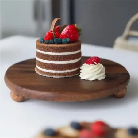 Akayev Wooden 28 cm Footed Serving Plate - Cake Plate - Natural Serving Tray - Akayev