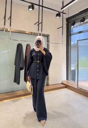 Alice Belted Stylish Suit - Navy Blue - Duendeca