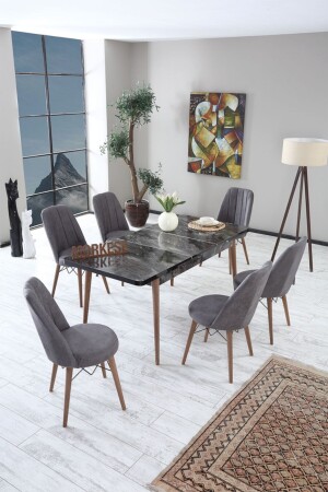 Alive Extendable Dining Table Set with 6 Chairs Kitchen Table Set Table Chairs - Gray - Morkese