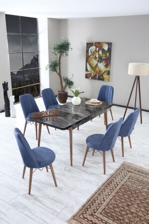 Alive Extendable Dining Table Set with 6 Chairs Kitchen Table Set Table Chairs - Navy Blue - Morkese