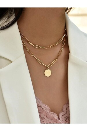 Altın Renk Dikdörtgen Zincir Yuvarlak Pul Charm Katmanlı Kolye - 2105 - X-Lady Accessories