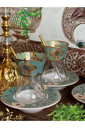 Altın Yeşil Desen Işlemeli 6 Kişilik Cam Porselen Çay Seti Tea Set For 6 Persons Premium Porcelain 1761008 - SAMSA