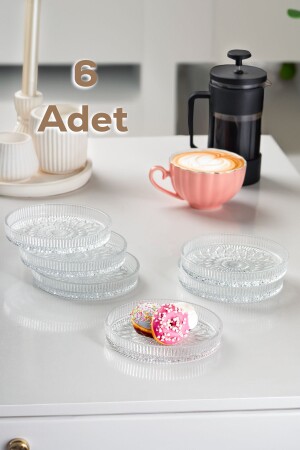  Alya Desenli Dik Tabak - 6 Lı Cam Sunumluk Pasta Kurabiye Kek İkram Servis Tabağı-12 Cm - Porsima