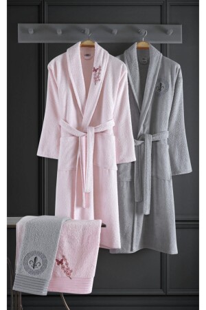 Alya Embroidered Cotton 4 Piece Family Bathrobe Set Pink I Gray - Binnur Home