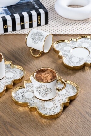 Amara Ethnisches Gänseblümchenmuster Goldvergoldetes 90-ml-Kaffeetassenset aus Porzellan für 6 Personen 0151 SCT-22-0151/8 - ACAR