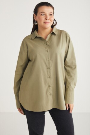 Amarabb Women's 100% Cotton Poplin Cuffed Wide Cut Khaki Plus Size Shirt - Ethiquet