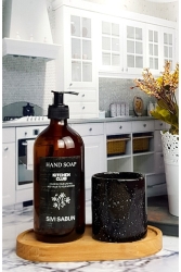 Amber Cam 500 Ml Sıvı Sabunluk Ahşap Standlı Diş Fırçalık Banyo Seti, Sabunluk, Losyon Stand Set 3prcabnyoset - BRE HOME