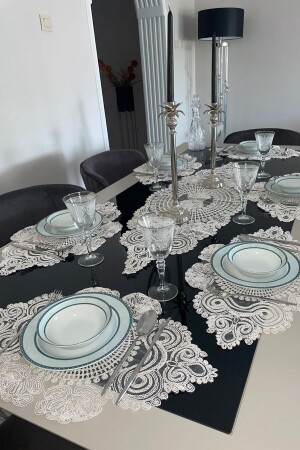 American Placemat - 1 Runner 6 Plates Food Service Set - Tablecloth Set - Service Presentation Set - Ecru - Çt Çeyizci Tekstil