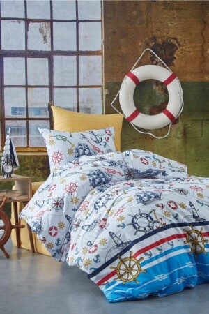 Anchor Patterned Single Duvet Cover Set with Elastic Sheets 9091K020Y-Ç - DenLife