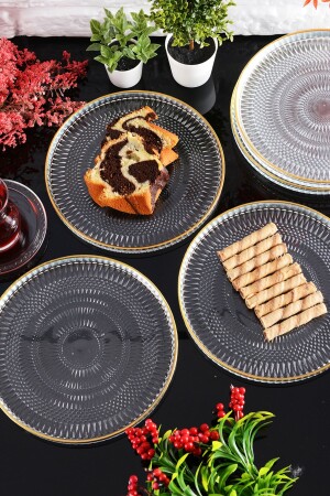 Angdesign Marsilya Cam Pasta-kek-tatlı Tabağı 6'lı Şeffaf-kenarı Altın Yaldızlı-21 Cm - Angdesign