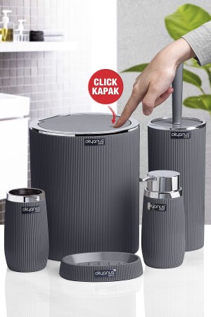 Anthracite Chrome Striped Round 5-Piece Bathroom Set OKY-478-1 - Okyanus Home