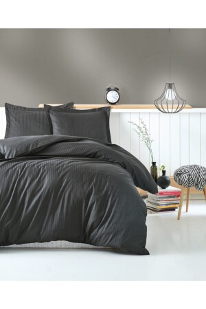 Anthracite Elegant Stripe Cotton Bedroom Satin Double Duvet Cover Set Stripe Satin-Anthracite - Cotton Box