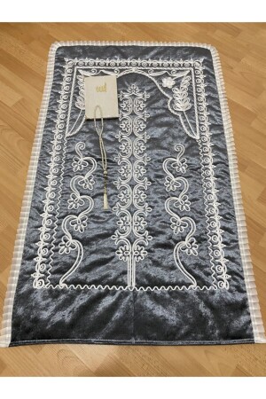 Anthracite Velvet Prayer Rug 3 Piece Dowry Bundle Bride Groom Set - Ayhanhome