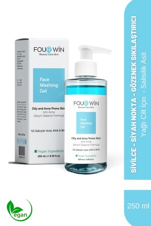 Anti Acne , Yağlı Ciltler Için Sebum Kontrol Yüz Yıkama Jeli (%2 SALİCYLİC ACİD -AHA-BHA) 250 ml blue-01 - Four Win