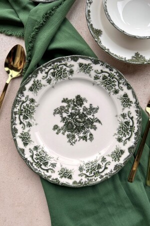 Antique Green 25 cm Special Design Premium Porcelain Serving Plate Set for 6 people - Porselenden