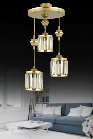 Antique Pendant Lamp Tray 3-Piece Crystal Stone Cylinder with Yellow Strip Luxury Chandelier AK00039 - Genel Markalar