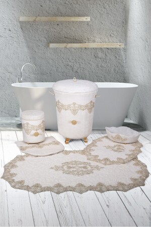 Aplique Lux Cream 6-Piece Velvet Bathroom Set Dirty Laundry Basket Set + Bath Mat Set Aplique6PcsBathroomSet - Bonny Home