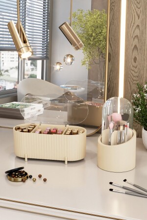 Aqua Makeup Cosmetic And Brush Holder Organizer Set of 2 Cream - Dovi Home