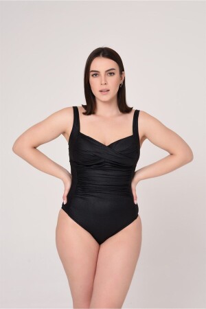 Aquaviva Damen-Badeanzug, groß, glänzend, schwarz, mit drapiertem Detail - Aquaviva