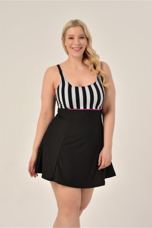 Aquaviva Women's Large Size Black Thick Striped Stylish Dress Swimsuit with Piping and Adjustable Straps - Aquaviva