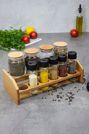 Aren 10-Piece Wooden Spice Set, Wooden Stand, 10-Piece Spice Set with Vacuum Lid KWA0001 - KukiWood