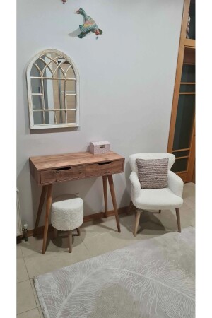 Armchair Pouf Set - Single Sofa Pouf - Puffy - Teddy Fabric - Natural Wood - Cream Puffy Armchair PoufWalnut - Azra Mobilya