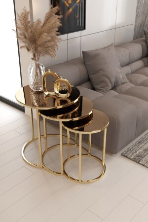 Armoni 3-Seat Nesting Coffee Table Gold Leg Bronze Mirrored MF008 - Nies Aksesuar