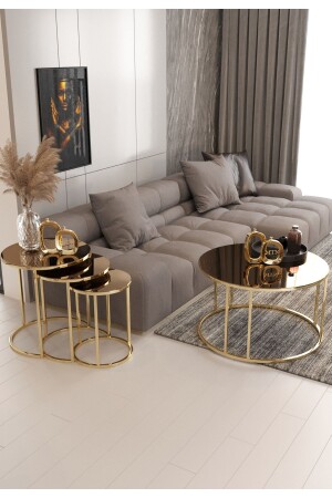 Armoni 4-Piece Nesting Chair and Coffee Table Set Gold Leg Bronze Mirror AR5 - Nies Aksesuar