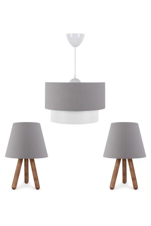 Artgift Pasta Pendant Lamp And Wooden Leg Lampshade Anthracite Fabric Triple Chandelier Set Bedroom Living Room AYD-1928 - HOMİNG