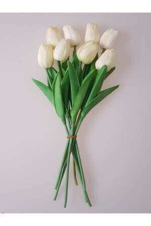 Artificial 8 Piece Wet Tulip Bouquet Realistic Texture White Reds - KOZALILAR