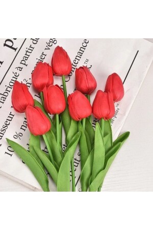 Artificial 8 Wet Tulip Bouquet Real Texture Red - E Elmas