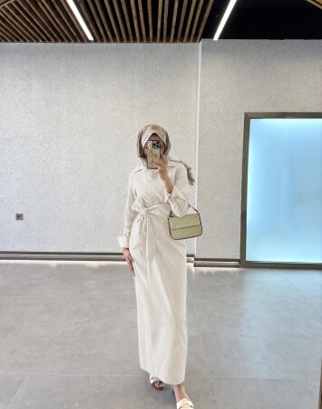 Arwen Tie-Up Linen Dress - Ecru - Duendeca