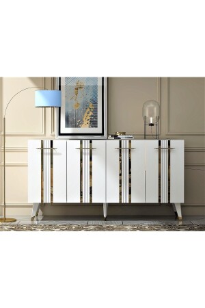 Asel Console with Four Doors, Gold-handles, White Legs, White-gold ASEL - DEMONTE DECOR