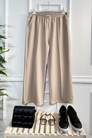 Asrın Emblem Detailed Fully Elastic Waist Wide Leg Trousers - Stone - Aşkı Endam