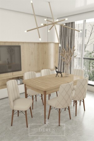 Astera Series Extendable Table + 6 Pieces Cream Baby Face Fabric Kitchen Living Room Dining Room Set - Deren Home
