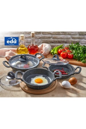 Asya 3-Piece Granite Pan Set with Glass Lid, Cast Gray - Eda
