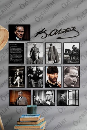 Atatürk Çerçevesiz Çerçeve Görünümlü Atatürk Fotoğrafları 13 Parça Mdf Tablo Seti Atatürk Imzası - Özcanlar Çerçeve
