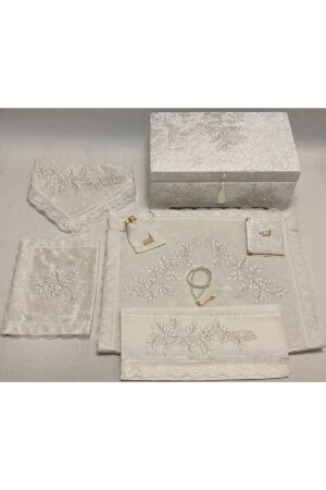 Aufbewahrungs-Gebetsteppich-Set aus cremefarbenem Samt, 8-teiliges Bündel-Set mit französischer Spitze - Dilek