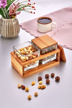 Aufbewahrungsbehälter mit 2 Fächern, Holzständer und Deckel, quadratische Frühstücksschale, Snackschale, Frühstückspräsentationsset IL. 306 - İLİVA