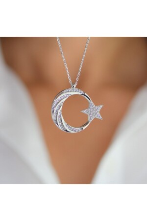 Auger Stone Embroidered Crescent and Star Silver Necklace MY101800 - mygümüş
