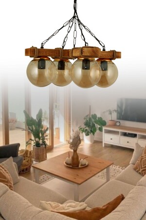 Authentischer vierfacher gelber Kugelglas-Kronleuchter aus Holz SEF111 - ŞL Şef Light