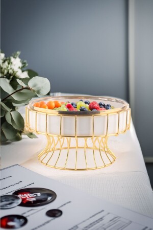 Autumn Gold Detailed Life Tree Patterned Presentation Serving Bowl with Metal Stand Porcelain Round Fruit Bowl - Vadi
