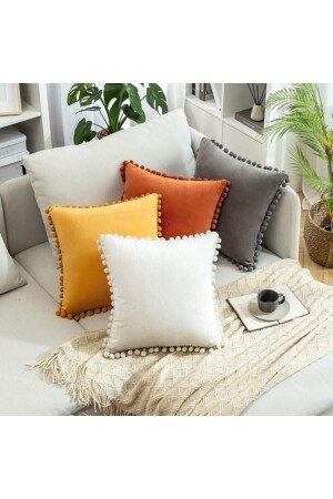 Autumn Series 4-Piece Cushion Cover with Pompoms 4 Pieces 43 X 43 Cm - Grey- Cream- Mustard- Tile - Bc Home