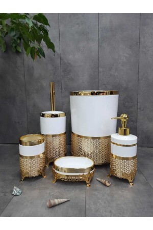 Avangard Krem Üzeri Gold Işlemeli 5'li Banyo Seti Avangard5liBanyoSeti - Bonny Home