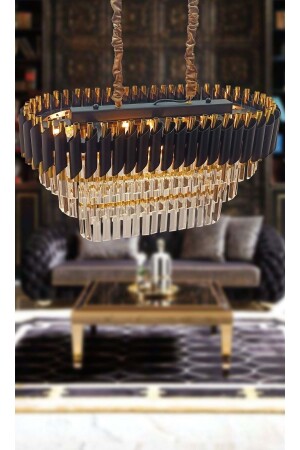 Avizade Zamira 75x35 Cm Crystal Stone 3-Tier Luxury Chandelier Above the Dining Table 6 Pieces (black-gold) 75X356 - MATMAZEL AKSESUAR