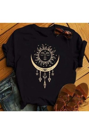Ay Güneş Baskılı Oversıze Siyah Tshirt - Blackbonds