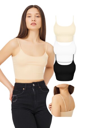 Ayarlanabilir Ince Askılı Lazer Kesim Crop Büstiyer 3'lü Paket-3 - Cottonhill